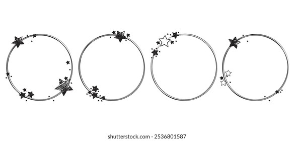 Elementos de design redondos com estrelas pretas isoladas em fundo branco. Molduras de Stardust