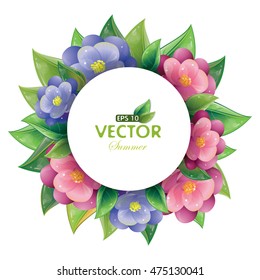Round design of green leaves and violet flowers isolated on white, vector illustration, eps-10