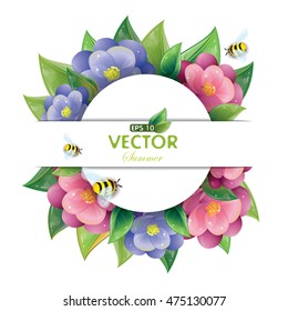 Round design of green leaves and violet flowers and flying bees isolated on white, vector illustration, eps-10