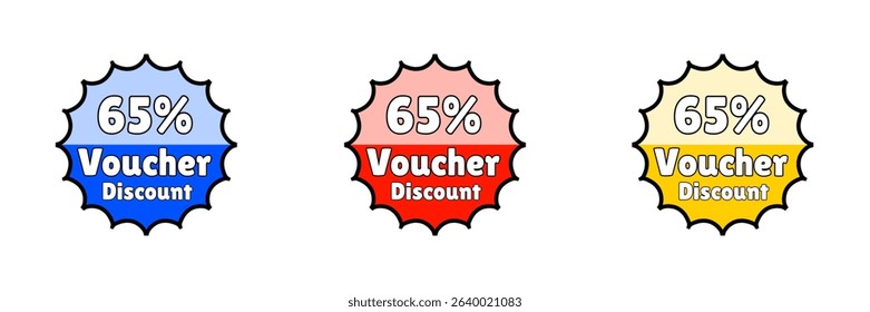 Round Design Jagged Voucher 65% Discount With Three Color Variations.