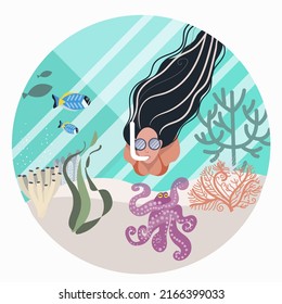 Round design on the theme of summer mood. Turquoise background of the underwater world, a girl swims in a mask under water, watching the inhabitants of the underwater world, octopus, corals.