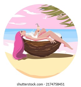 Round design on the theme of summer, vacation mood. The girl or woman bathes in a huge coconut with a cocktail against the backdrop of a pink sunset. Summer time, summer vibes.