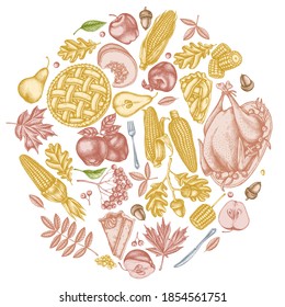 Round design with pastel pumpkin, fork, knife, pears, turkey, pumpkin pie, apple pie, corn, apples, rowan, maple, oak