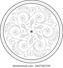 Round design of the picture. Ornament with elements of Gothic and geometric style. Black and white ornament with fish and plants of the water world. Pattern on a white background