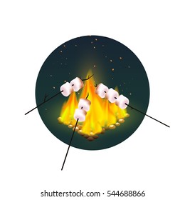 Round Design With Roasting Of Marshmallows On Bonfire In Evening On White Background Vector Illustration 