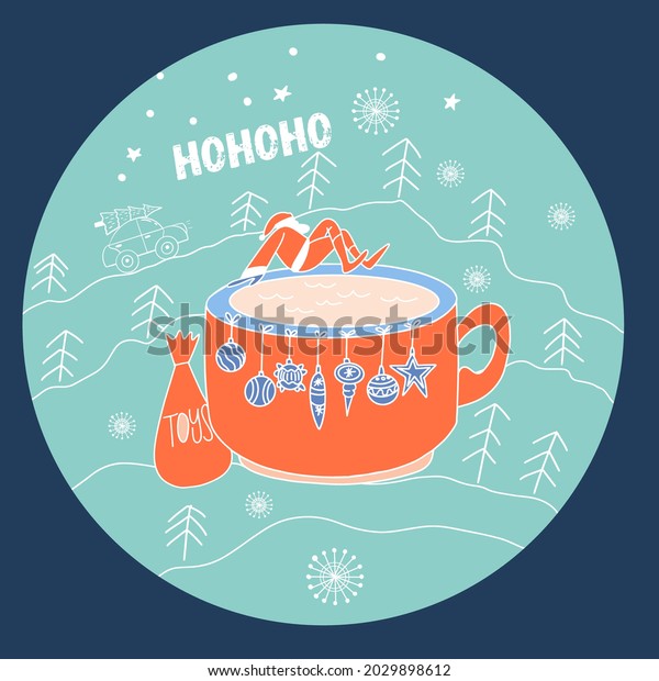 Round design Santa Claus\
on a huge cup looks at the stars, the inscription ho ho ho, on the\
background of the Christmas trees, the car carries the Christmas\
tree