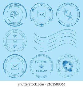 round design stamps ornated seashells and fishes - vector postage marks. For letters, postcards, posters