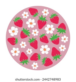 Round design with strawberries and flowers.