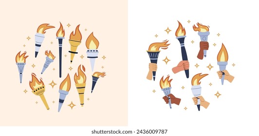 Runde Designbrenner mit brennender Flamme in den Händen. Symbol für Sport, Spiele, Sieg und Meisterwettbewerb mit verschiedenen Menschen Rennen Arm Kreis Design. Vektorflache Darstellung.