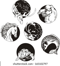 Round designs with animals. Set of black and white vector illustrations.