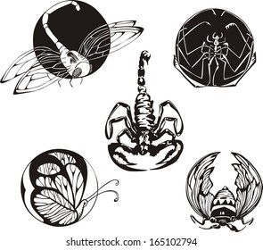 Round designs with insects. Set of black and white vector illustrations.