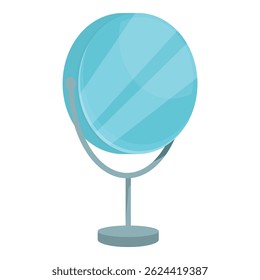 Round desktop mirror standing on a table, reflecting the light in a bright room
