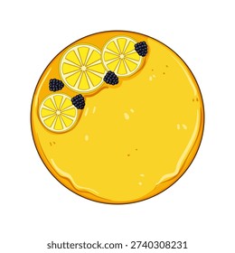 Round dessert cake with a vibrant yellow glaze, decorated with three slices of lemon and several dark blackberries, presented in a clean, graphic illustration style from a top view perspective