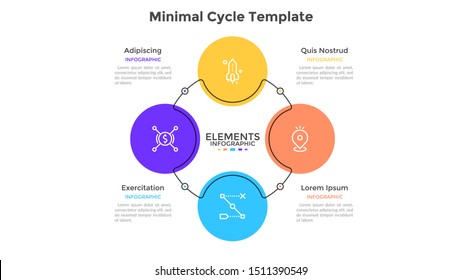 Round diagram with 4 colorful circular elements. Concept of four steps of business cycle. Flat infographic design template. Minimal vector illustration for presentation, cyclical process visualization