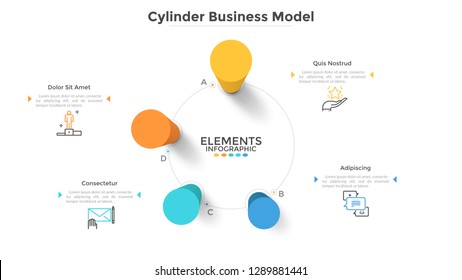 Round diagram with 4 colorful cylindrical elements. Business model with four steps or stages. Modern infographic design template. Vector illustration for presentation, information visualization.