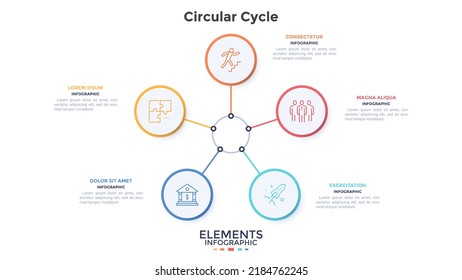 Round diagram with 5 circular elements placed around center. Concept of five features of cyclic business process. Minimal infographic design template. Modern flat vector illustration for presentation.