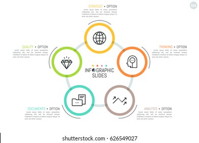 Round diagram with 5 colorful circular elements, pictograms inside them and text boxes. Minimal infographic design template. Business organization scheme concept. Vector illustration for presentation.