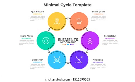 Round diagram with 6 colorful circular elements. Concept of six steps of business cycle. Flat infographic design template. Minimal vector illustration for presentation, cyclical process visualization.