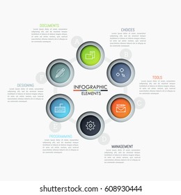 Round diagram with 6 lettered circular elements, thin line icons and text boxes. Supply chain visualization concept. Unusual infographic design template. Vector illustration for presentation, website.