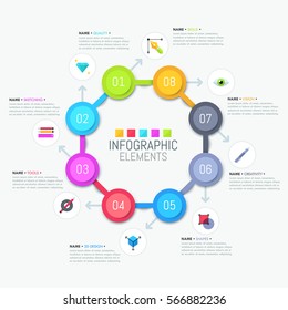 Round diagram with 8 numbered multicolored elements, arrows, icons and text boxes. Stages of designing creative product concept. Unusual infographic design template. Vector illustration for website.