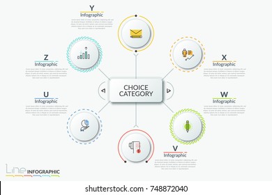 Round Diagram, Central Element Connected With 6 Paper White Circles With Thin Line Icons Inside. Concept Of Six Categories To Choose. Creative Infographic Design Template. Vector Illustration.