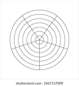 Round diagram with concentric circles divided on 5 equal sectors. Pie radar chart, wheel of life or habits tracker template with 5 segments isolated on white background. Vector graphic illustration.