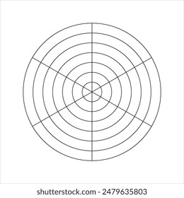 Diagrama redondo con círculos concéntricos divididos en seis segmentos iguales. Gráfica de radar circular, rueda de vida o Plantilla de seguimiento de hábitos aislada sobre fondo blanco. Ilustración gráfica Vector.