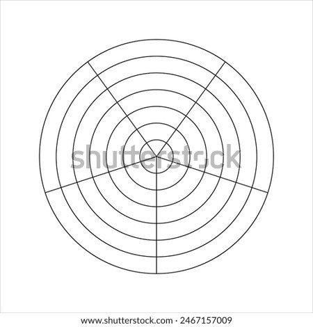 Round diagram with concentric circles divided on 5 equal sectors. Pie radar chart, wheel of life or habits tracker template with 5 segments isolated on white background. Vector graphic illustration.