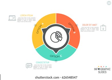 Round diagram divided into 3 lettered parts with arrows pointing at text boxes and thin line icons. Simple infographic design layout. Three options of company development concept. Vector illustration.