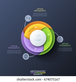 Round diagram divided into 3 colorful spiral sectors connected with thin line icons and text boxes. Element of website interface. Creative infographic design template. Vector illustration for banner.