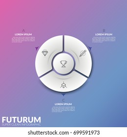 Round diagram divided into 3 sectors with thin line icons and arrows pointing at text boxes. Concept of circular drop-down menu for web application. Infographic design template. Vector illustration.