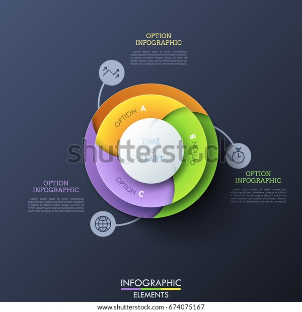 Round diagram divided into 3 colorful spiral\
sectors connected with thin line icons and text boxes. Element of\
website interface. Creative infographic design template. Vector\
illustration for banner.
