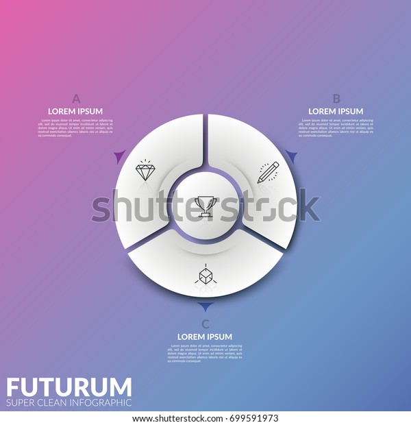 Round diagram divided into 3 sectors with
thin line icons and arrows pointing at text boxes. Concept of
circular drop-down menu for web application. Infographic design
template. Vector
illustration.