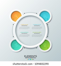 Round diagram divided into 4 equal sectors and four colorful circular elements with thin line icons and letters inside. Creative infographic design template. Vector illustration for presentation.
