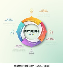 Round diagram divided into 4 parts with arrows pointing at thin line pictograms and text boxes. Four qualities of production cycle concept. Modern infographic design template. Vector illustration.