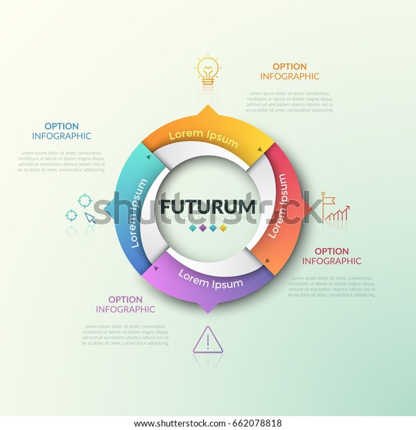 Round diagram divided into 4 parts with\
arrows pointing at thin line pictograms and text boxes. Four\
qualities of production cycle concept. Modern infographic design\
template. Vector\
illustration.