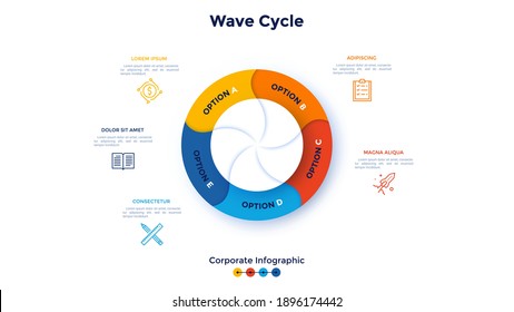 Round diagram divided into 5 colorful wavy parts. Concept of five features of business cyclic process. Corporate infographic design template. Modern flat vector illustration for banner, presentation.