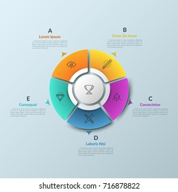 Runddiagramm unterteilt in 5 farbige Stücke und runde Elemente in der Mitte, dünne Linien Symbole und Pfeile, die auf Textfelder zeigen. Webnavigationstool. Infografik Design Layout.  Vektorgrafik.