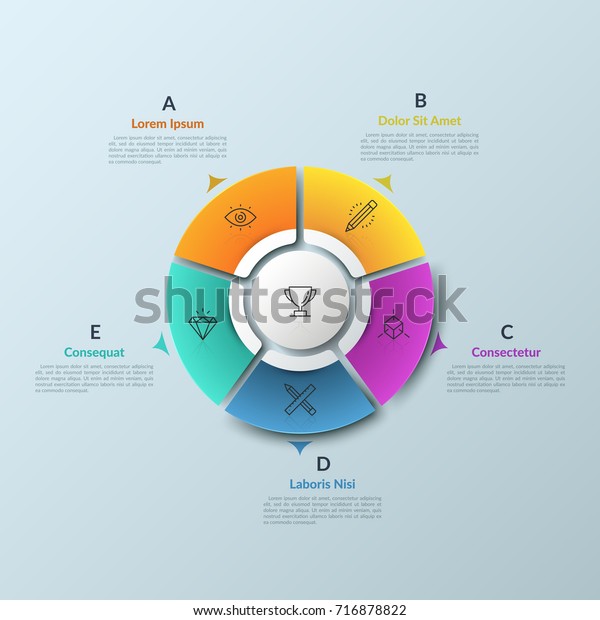Round diagram divided into 5 colorful\
pieces and circular element in center, thin line icons and arrows\
pointing at text boxes. Web navigation tool. Infographic design\
layout. Vector\
illustration.