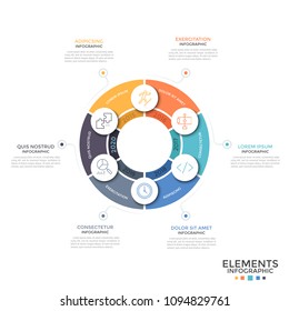Round diagram divided into 6 equal colorful parts with thin line icons and year indication. Concept of annual cyclical process. Minimal infographic design template. Vector illustration for brochure.