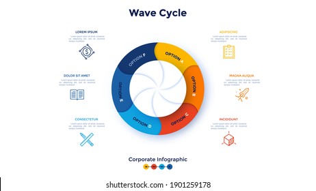 Diagrama redondeado dividido en 6 partes onduladas de colores. Concepto de seis características del proceso cíclico del negocio. Plantilla de diseño de infografía corporativa. Ilustración vectorial plana moderna para banner, presentación.