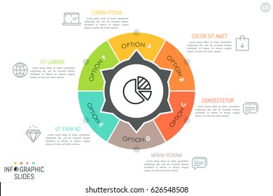 Round diagram divided into 6 lettered sectors with arrows pointing at text boxes and symbols. Simple infographic design layout. Features of services provided by company concept. Vector illustration.