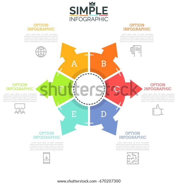 Round diagram diagram divided into 6\
lettered parts with arrows pointing at thin line icons and text\
boxes. Six steps of productions cycle concept. Flat infographic\
design layout. Vector\
illustration.