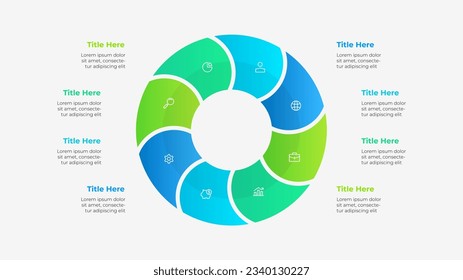 Round diagram divided into 8 segments. Concept of eight steps of business project management. Vector illustration for data analysis visualization