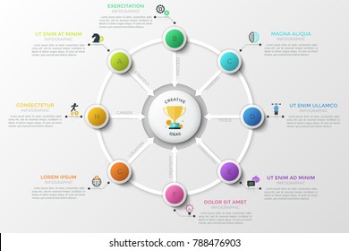 Round diagram. Eight colorful lettered circles with arrows pointing at round element in center, linear icons and text boxes. Creative infographic design template. Vector illustration for presentation.