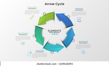 Round diagram with five colorful arrows, thin line symbols and text boxes. Concept of 5-stepped cyclical business process. Realistic infographic design template. Vector illustration for presentation.