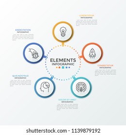 Round diagram with five paper white circles, thin line symbols inside and place for text. Concept of 5 business options to choose. Infographic design template. Vector illustration for brochure.