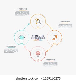 Round Diagram With Four Colorful Circular Elements, Numbers And Thin Line Symbols Connected By Arrows. Cyclic Business Process Visualization. Clean Infographic Design Template. Vector Illustration