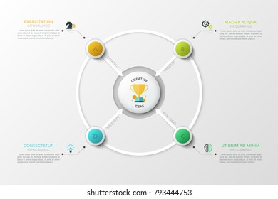 Round diagram. Four colorful lettered circles with arrows pointing at round element in center, linear icons and text boxes. Creative infographic design template. Vector illustration for presentation.