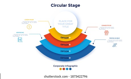 Round diagram with four colorful semi-circular overlaid elements. Concept of 4 stages or levels of financial process. Corporate infographic design template. Flat vector illustration for presentaion.